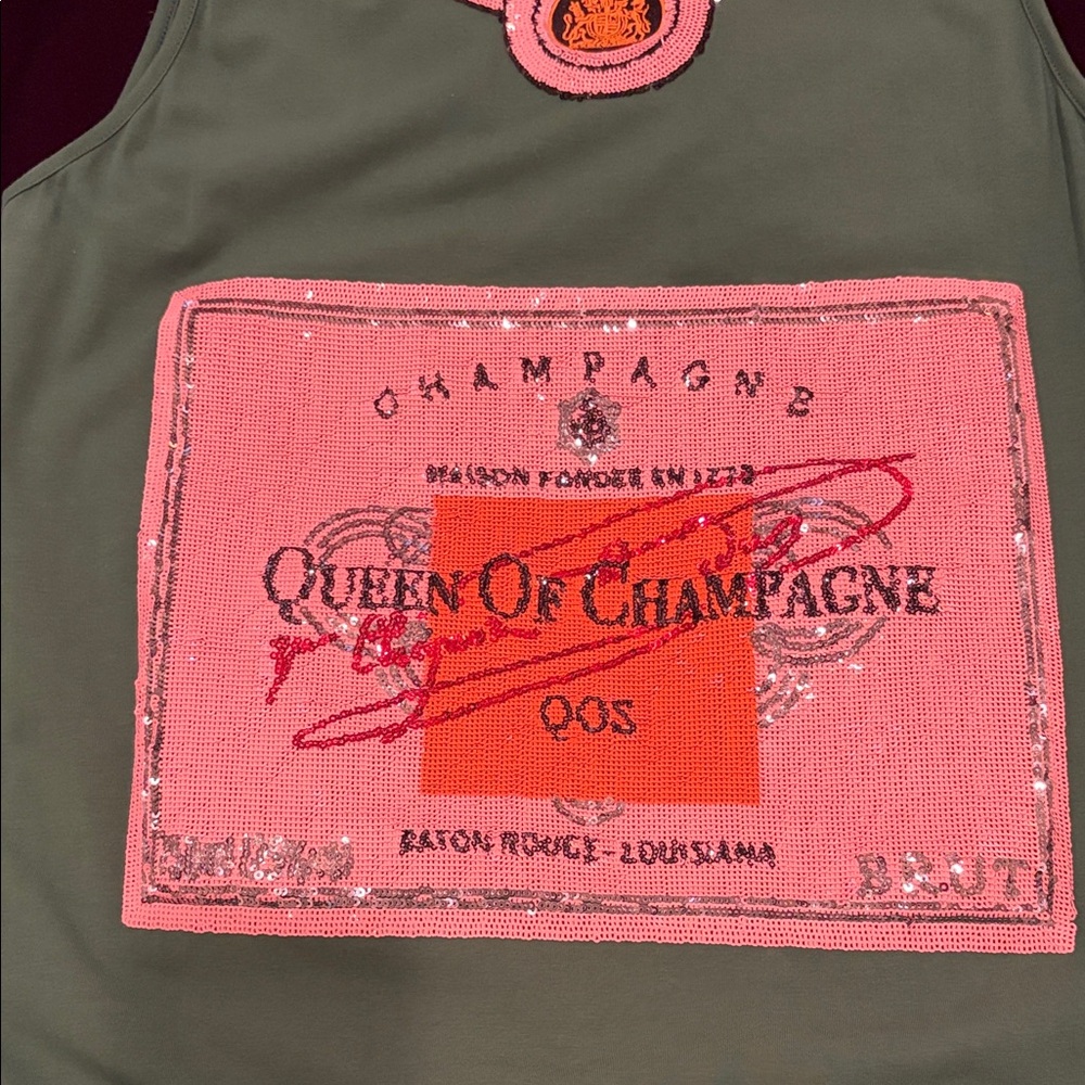 QUEEN OF SPARKLES Green Sleeveless Dress with Pink Sequin Label - Picture 9 of 13